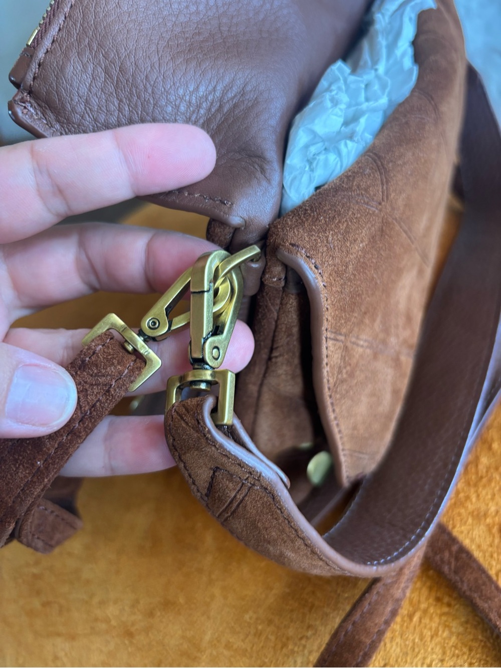 Hammitt Dillon Small Chocolate Diamond Suede Foldover Crossbody Antique Brass - Picture 7 of 9